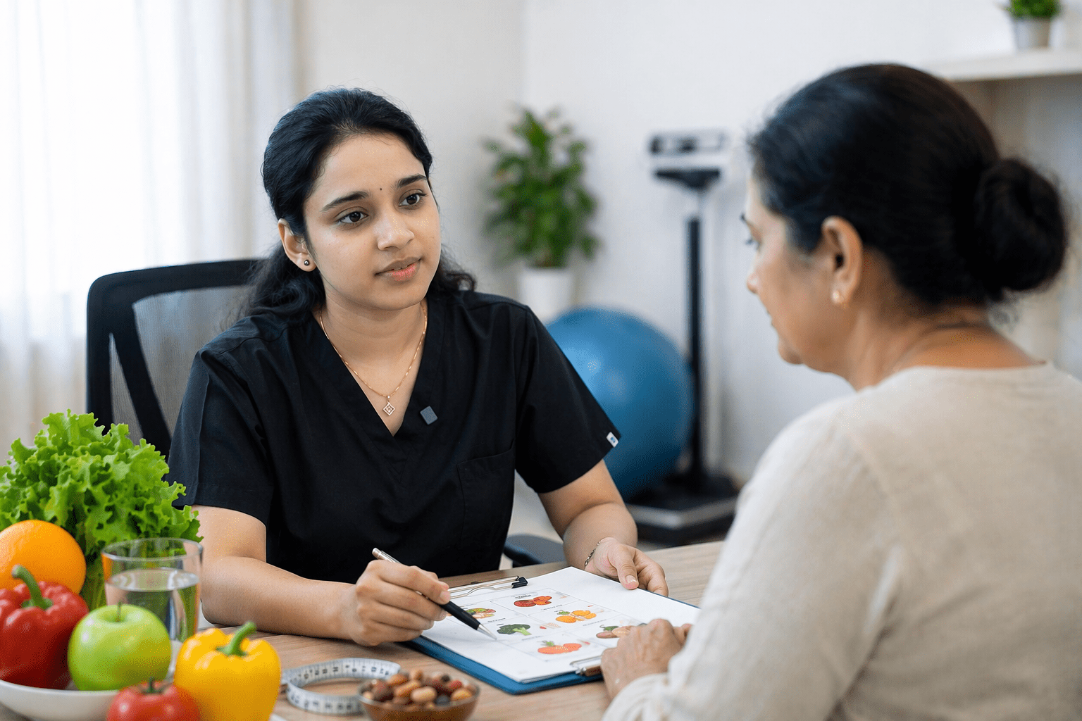 Dr. Srija, Clinical Dietitian, explaining diet plan to patient.
